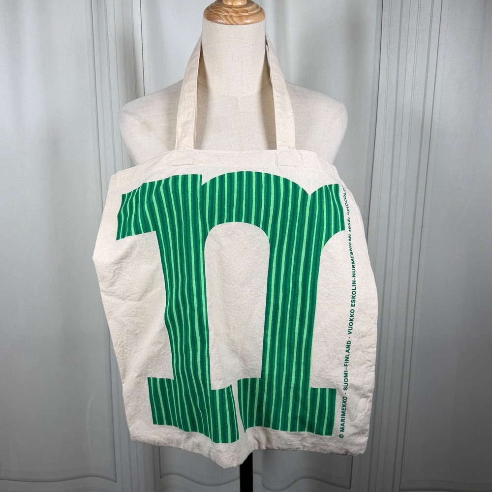 Marimekko Green Striped Logo Kassi Canvas Tote Bag 18x18
